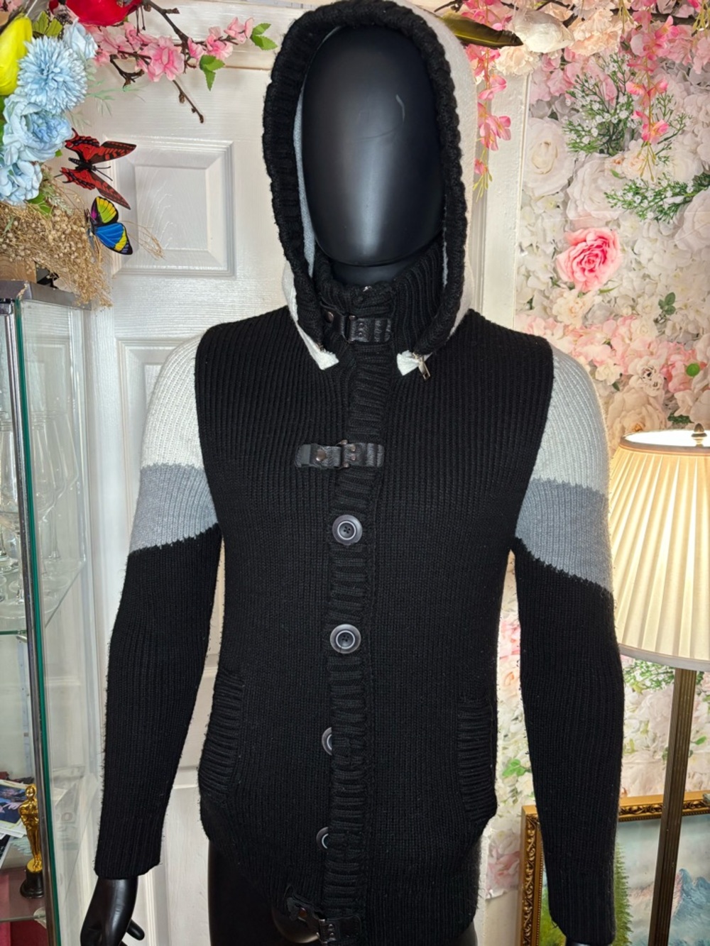 Men's Hooded Zip-Up Knit Sweater with Contrast Shoulders - Black